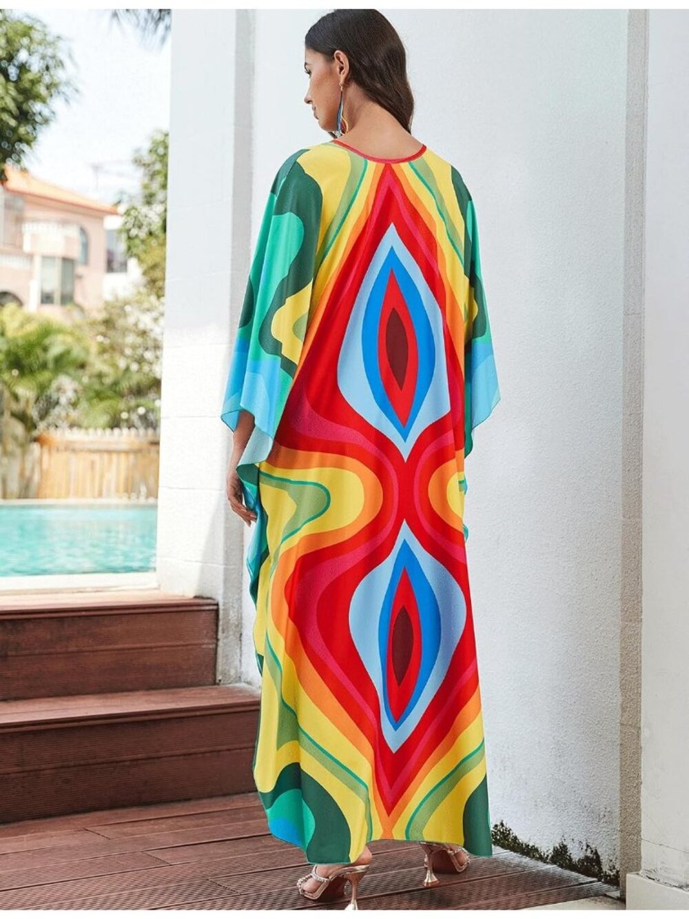 Women's Plus Size Kaftan Maxi Dress Batwing Sleeve Beach Cover Up-8759-color8 - Picture 5 of 6